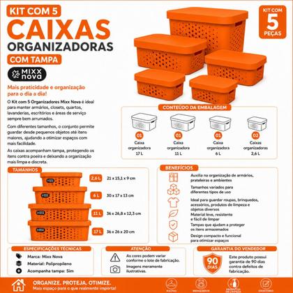Imagem de Kit 5 Caixas Organizadora com Tampa Plastico Premium 2,6  6  11  17 Litros