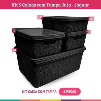 Imagem de Kit 5 Caixas Organizadoras Cesto Tampa Multiuso 1,8l 5l 15l Resistente