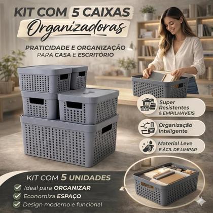 Imagem de Kit 5 Caixas Organizadoras com Tampa 2 Litros 4,5 Litros 17 Litros Cesto Grande