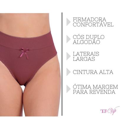 Imagem de Kit 5 Calcinha Cintura Alta Algodão Cotton com Cós Duplo Lingerie Reforçado Confortável de Fábrica