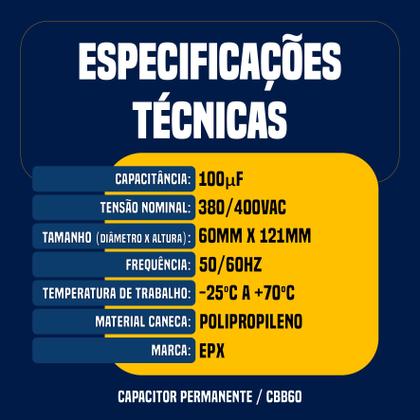 Imagem de Kit 5 Capacitor Permanente 100uF 380/400Vac EPX com Terminal Duplo