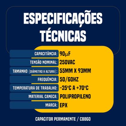 Imagem de Kit 5 Capacitor Permanente 90uF 250Vac EPX com Fio