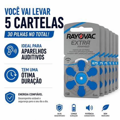 Imagem de Kit 5 Cartelas Rayovac 675 Original  30 Baterias para Aparelho Auditivo