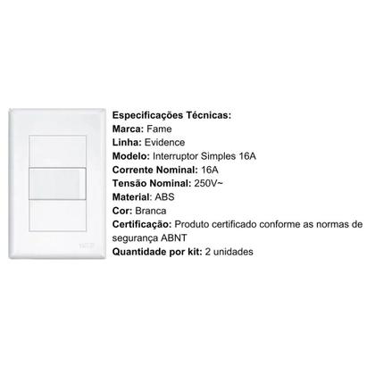 Imagem de Kit 5 Conjuntos interruptor Simples 16A Fame Evidence