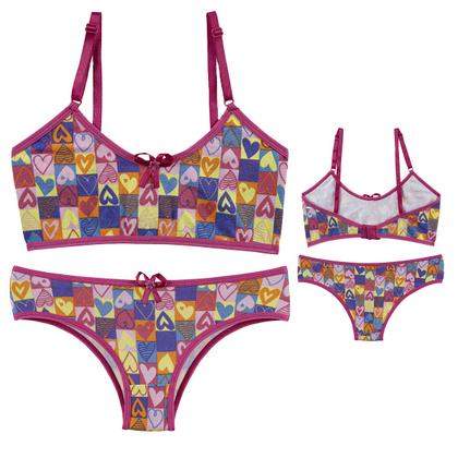 Imagem de kit 5 Conjuntos Top e Calcinha Juvenil Lingerie Estampado Moda Infantil Menina Moça Cotton Algodão