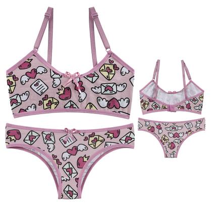 Imagem de kit 5 Conjuntos Top e Calcinha Juvenil Lingerie Estampado Moda Infantil Menina Moça Cotton Algodão