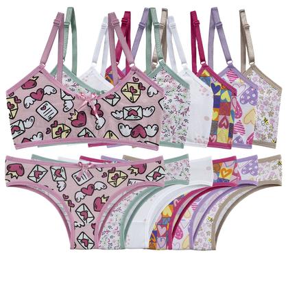 Imagem de kit 5 Conjuntos Top e Calcinha Juvenil Lingerie Estampado Moda Infantil Menina Moça Cotton Algodão