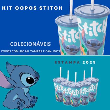 Imagem de Kit 5 Copos Stitch 500ml Filme Personalizado Com Tampa e canudo Bpa Free Disney Lembrancinha Festa -