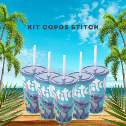 Imagem de Kit 5 Copos Stitch 500ml Filme Personalizado Com Tampa e canudo Bpa Free Disney Lembrancinha Festa -