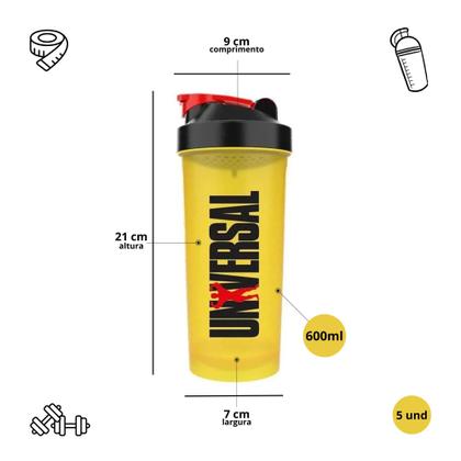 Imagem de Kit 5 Coqueteleira Shakeira Universal Amarela 600ml Academia Treino Musculação Shake Exclusiva