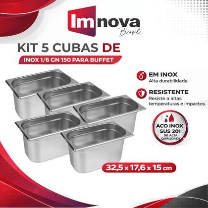 Imagem de Kit 5 cuba sem alca inox 1/3 gn 150 para buffet