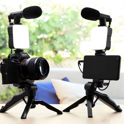 Imagem de Kit 5 em 1 Tripe Estabilizador de Mão Gimbal Microfone Controle Celular Gravação De Vídeo