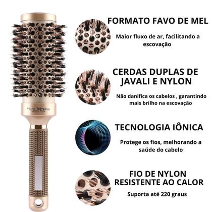Imagem de Kit 5 escovas termica profissional vazada cerâmica cerdas de javali e nylon com escova raquete 