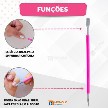 Imagem de Kit 5 Espátula Mista Empurrador Curvo Palito Silicone Cutícula Manicure Cutelaria Unha Aço Inox Monolo