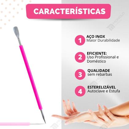 Imagem de Kit 5 Espátula Mista Empurrador Curvo Palito Silicone Cutícula Manicure Cutelaria Unha Aço Inox Monolo