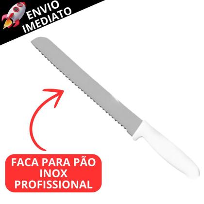 Imagem de Kit 5 Faca Para Pão Profissional Em Inox Cabo Branco Serra N6 Cortar Pães Caseiro Padaria Cozinha