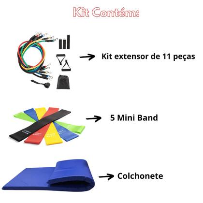 Imagem de Kit 5 Faixa Elástica + Elástico Extensor + Colchonete Treino Ginastica Pilates E Fisioterapia