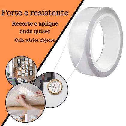 Imagem de Kit 5 Fitas Dupla Face Fixa Extra Forte Lavável Transparente 2 Metros Cola Quadro Espelho
