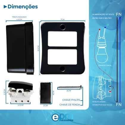 Imagem de Kit 5 Interruptor Simples 2 Teclas 10A Sobrepor Externo Com Espelho Placa Black 127v e 250v Bivolt Linha Viena