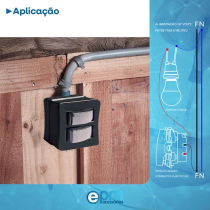 Imagem de Kit 5 Interruptor Simples 2 Teclas 10A Sobrepor Externo Com Espelho Placa Black 127v e 250v Bivolt Linha Viena