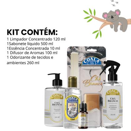 Imagem de Kit 5 Itens Coala Chá Branco Essencia 10ml, Difusor 100ml, Limpador 120ml, Odorizante Tecidos 260ml, Sabonete 500ml. Aromatização Completa