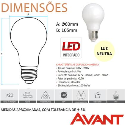 Kit 5 Lampada Led Pera Lac 9w Filamento Branco Neutro 4000k E27 - Avant Imagem de Kit 5 Lampada Led Pera Lac 9w Filamento Branco Neutro 4000k E27