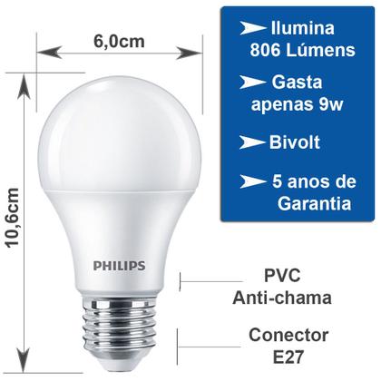 Imagem de kit 5 Lâmpada Led Philips 9w Bulbo Branco Neutro 4000K 806lm Equivale 60w Luz Neutra Residencial Bivolt