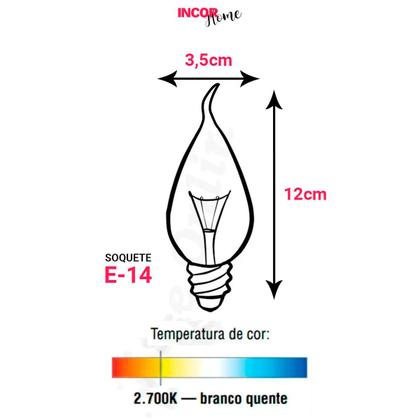 Imagem de Kit 5 Lâmpadas Incandescentes Vela Bico Torto Fosca VL-32 E-14 40W 220V Toplux