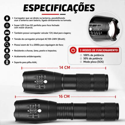 Imagem de Kit 5 Lanterna Tática Militar Potente Led Zoom X1000 Camping Recarregável Longo Alcance Caça, Pesca, Blackout Atacado