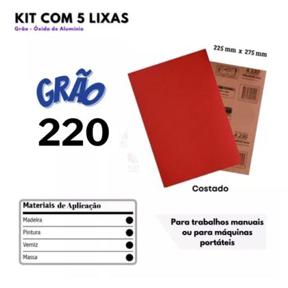Imagem de Kit 5 Lixas Grão 220 para Parede Madeira e Massa