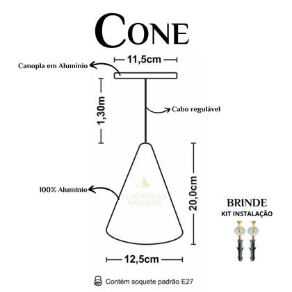 Imagem de Kit 5 Luminária Pendente Cone Com Interior Branco Brilho Com Fiação 110/220v