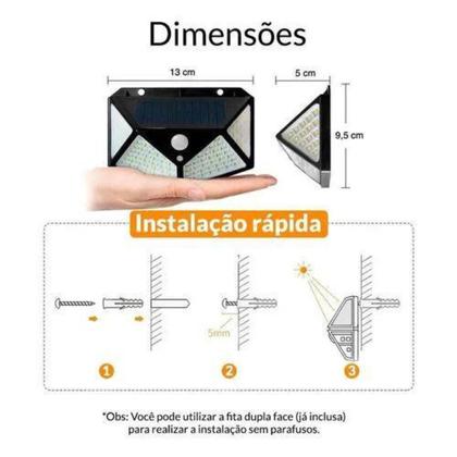Imagem de Kit 5 Luminárias Solar Parede 100led Sensor Presença 3 Funções