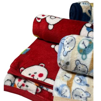 Imagem de Kit 5 Mantas Cobertor Estampado Para Bebê Mantinha Microfibra Infantil Com Viés Sortidas 85x80cm