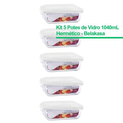Imagem de Kit 5 Marmita De Vidro 1040 Ml C/ Tampa Hermética Retangular