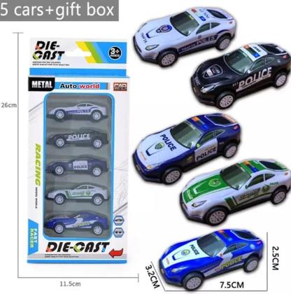 Imagem de Kit 5 Miniaturas Carrinhos Corrida Polícia Fricção Diecast