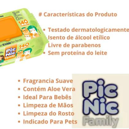 Imagem de Kit 5 Pacotes Lenço Umedecido Pic Nic Family Toalha Baby E Pet Com 700 Unidades