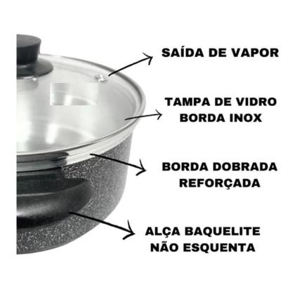 Imagem de Kit 5 Panelas Com Tampa De Vidro Alumínio Grosso - Preto