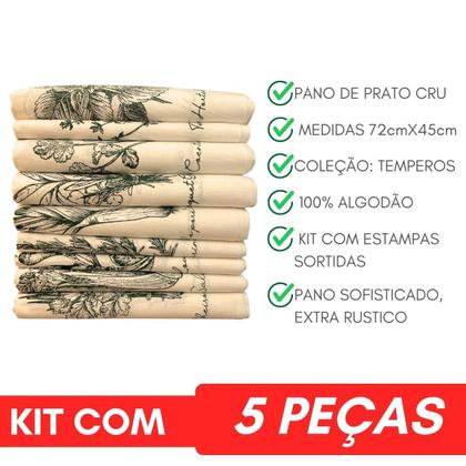 Imagem de Kit 5 Panos De Prato Crú Extra Rústico Coleção Temperos