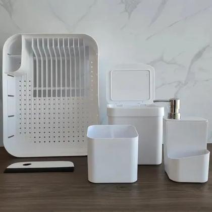 Imagem de Kit 5 Pc Dispenser Escorredor Louça Talher Rodinho Lixeira