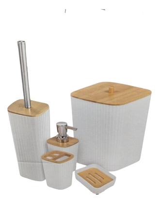 Imagem de Kit 5 Pcs Banheiro Lavabo Lixeira Porta Escova Luxo Bambu