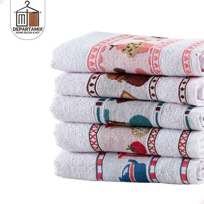 Imagem de Kit 5 Pçs Pano de Copa para Cozinha Felpudo com Barrado Estampado Sortido