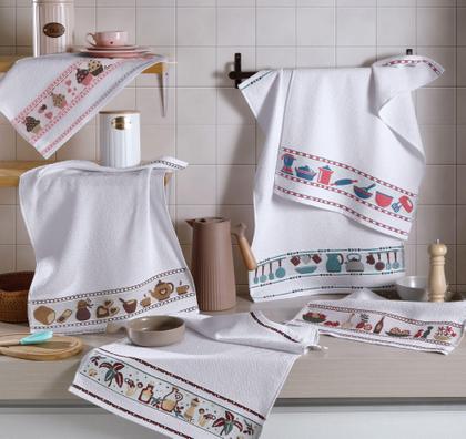 Imagem de Kit 5 Pçs Pano de Copa Prato para Cozinha Felpudo com Barrado Estampado Sortido