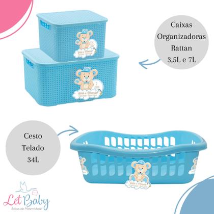 Imagem de Kit 5 Peças c/ Cesto Roupas Bebê Organizador Rattan Caixa e Lixeira de Quarto Infantil Kit higiene