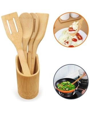 Imagem de Kit 5 Peças Colher De Pau e Utensílios Em Bambu (5 talheres + suporte)