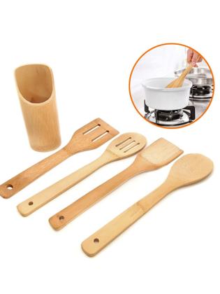 Imagem de Kit 5 Peças Colher De Pau e Utensílios Em Bambu (5 talheres + suporte)
