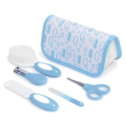 Imagem de Kit 5 peças Cuidados E Higiene Bebê pente, Escova, Tesoura, Cortador De Unha e Lixa Necessaire Estojo Cor Azul Pimpolho