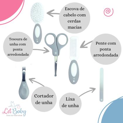 Imagem de Kit 5 Peças Higiene do Bebê Escova +  Pente + Tesourinha Infantil Cinza