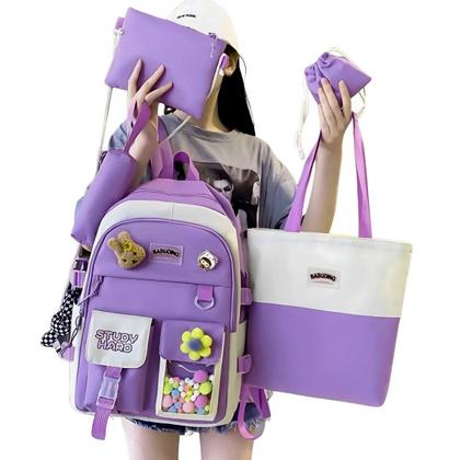 Imagem de Kit 5 Peças Mochila Infantil Escolar Estojo Comporta Bolsa Sacola Colorida Bolsinha De Ombro Espaçosa Original Reforçada