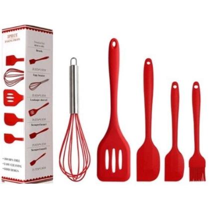 Imagem de Kit 5 Peças Utensilios de Cozinha Silicone Colher Espátula Fue Espátula Pequena Pincel