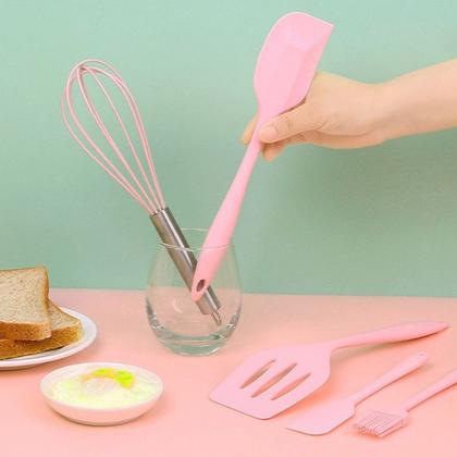 Imagem de Kit 5 Peças Utensilios de Cozinha Silicone Colher Espátula Fue Espátula Pequena Pincel